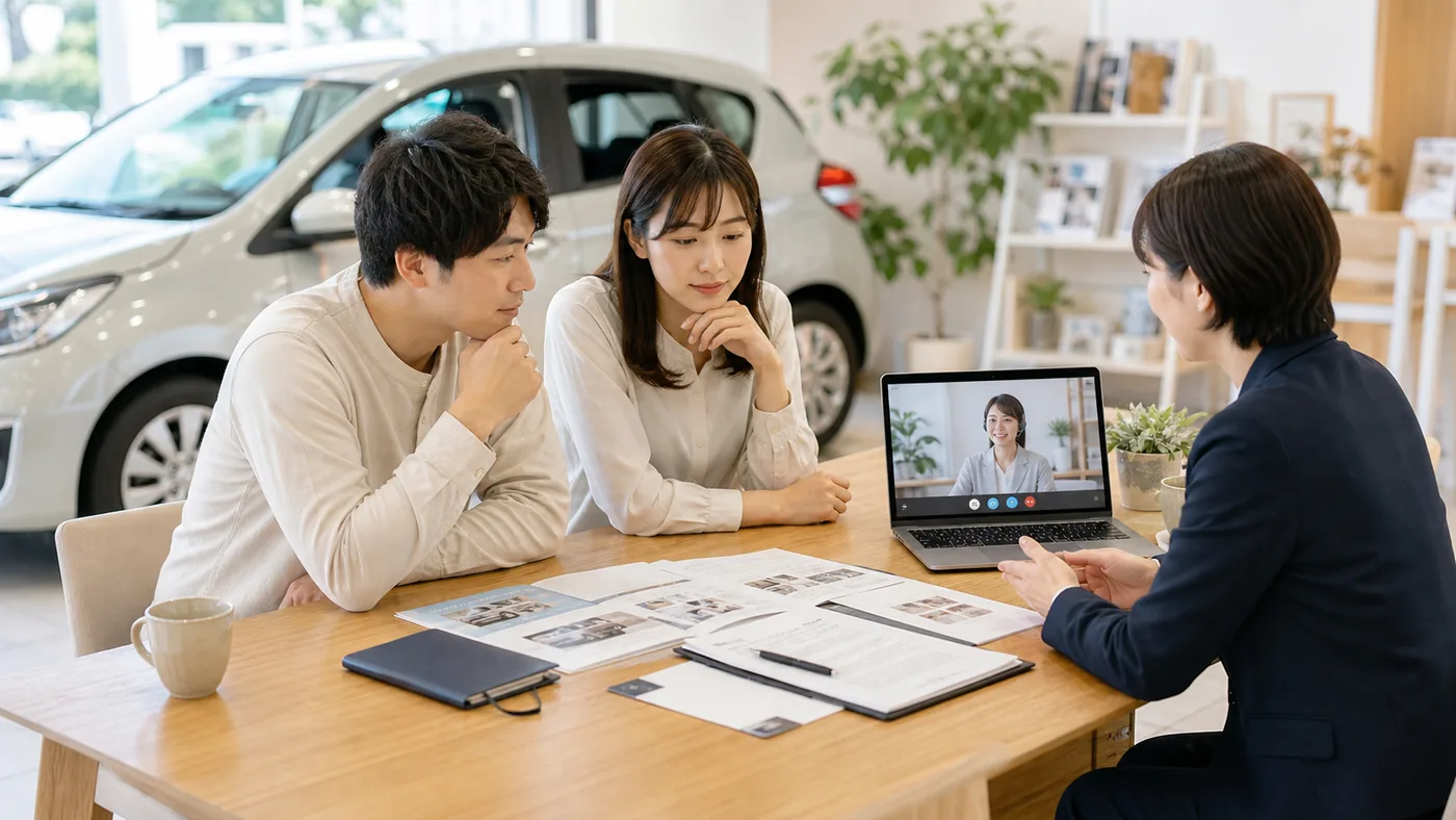 カーリースの評判や契約条件を相談しながら確認しているイメージ