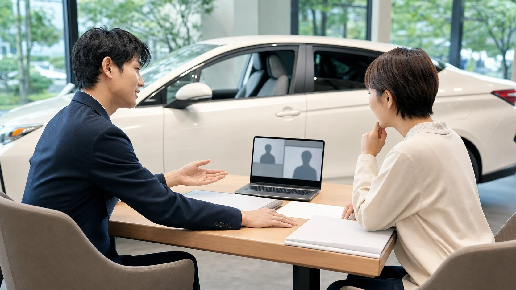 カーリースの申し込み条件を相談しながら確認しているイメージ