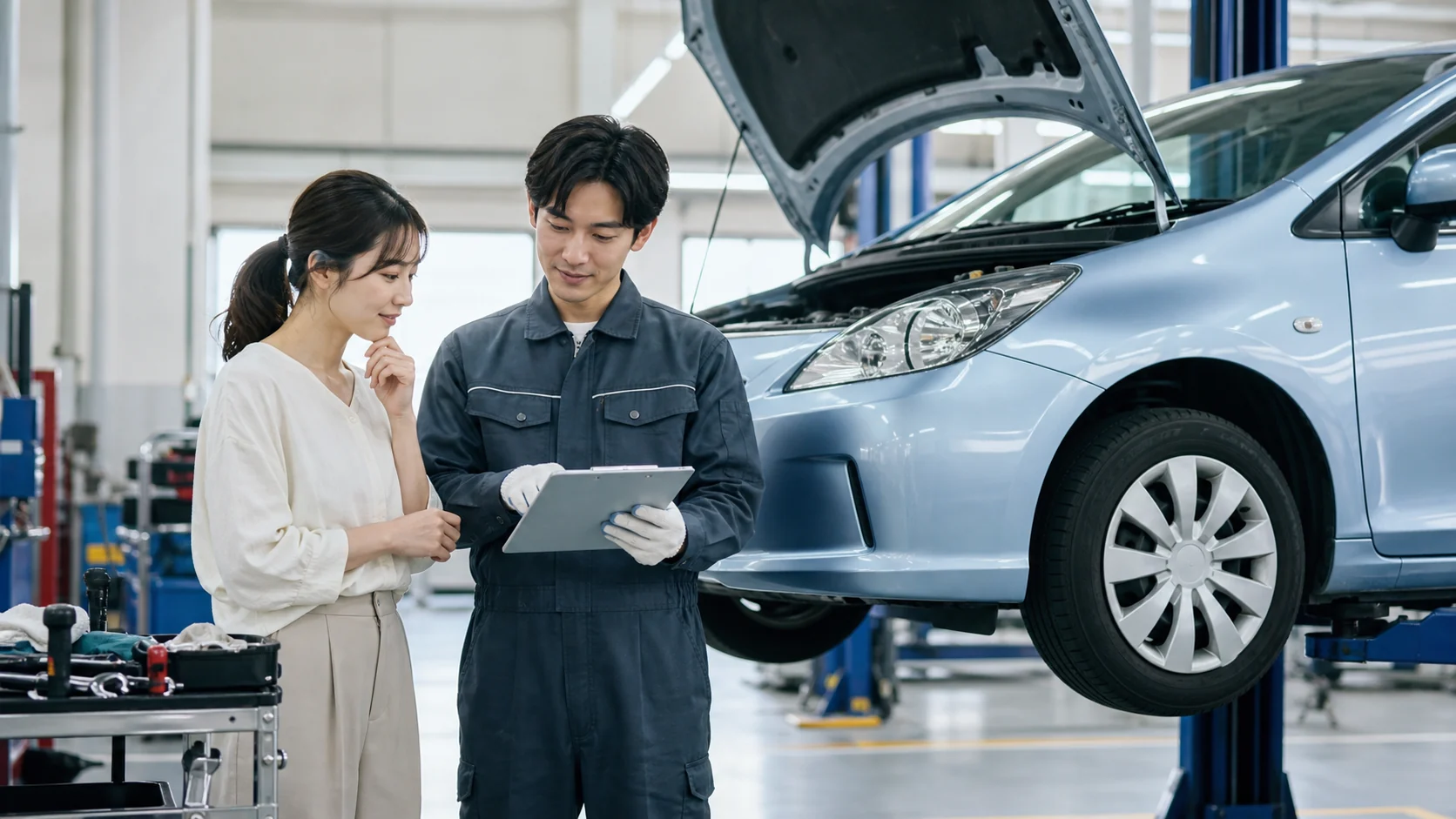 車のメンテナンス範囲を確認しているイメージ